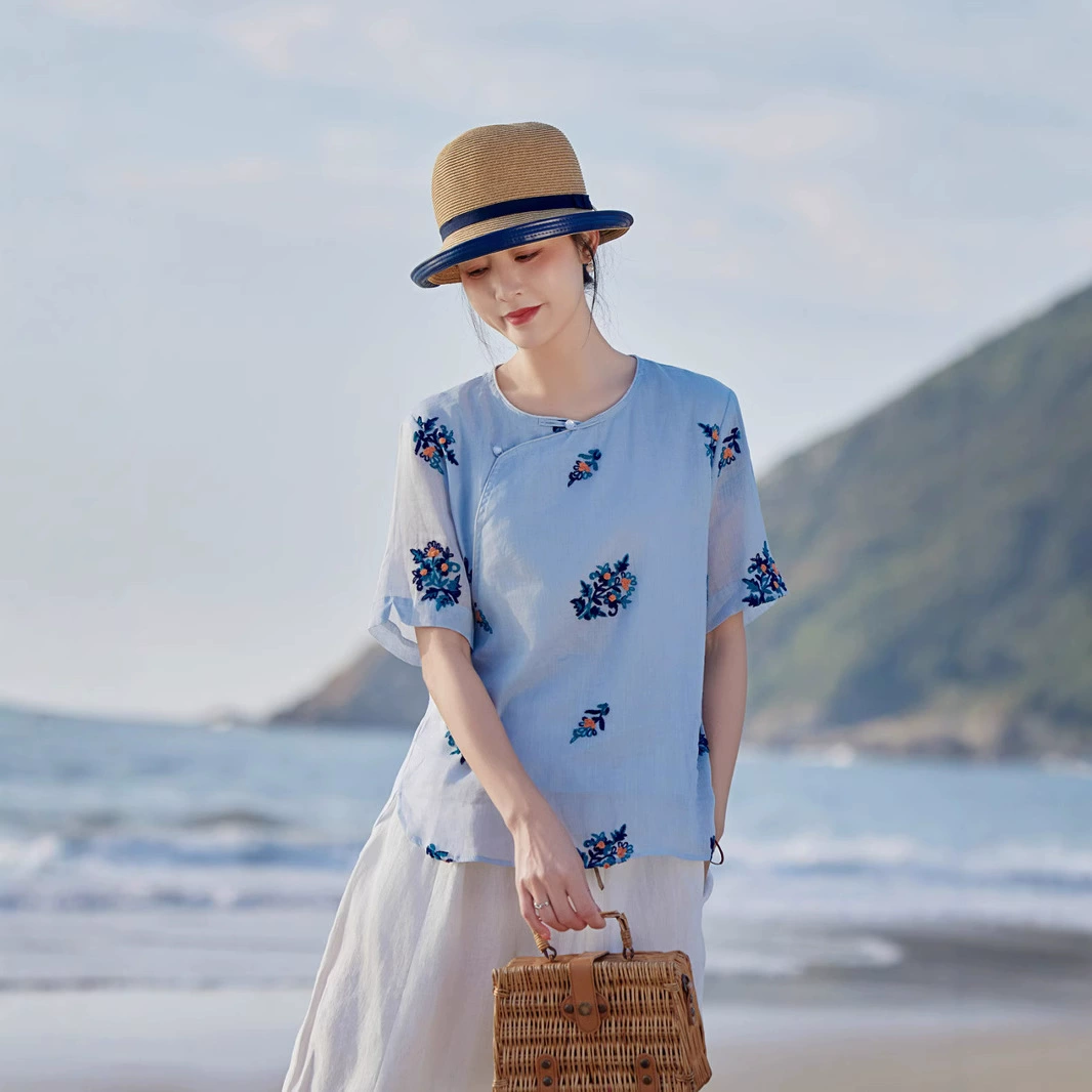 2025 весна и лето новая женская вышивка рами китайский стиль ретро двухслойный литературный топ с круглым вырезом