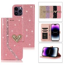 适用iphone16爱心盖头闪粉手机皮套 苹果17PRO多功能插卡保护壳15