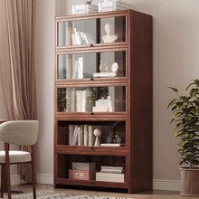 全实木书架胡桃木色置物柜子家用储物展示防尘书柜带门木质收纳柜