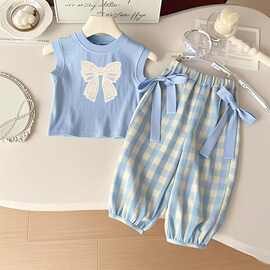 女童夏装套装夏季洋气儿童无袖2025背心新款女孩韩版格子两件套装