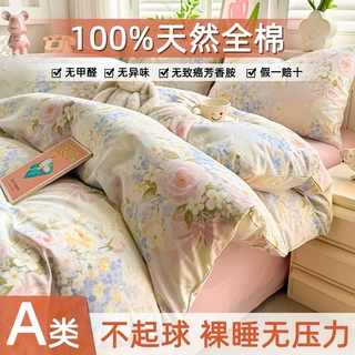 纯棉四件套AB版100%全棉被套印花床上用品学生A类宿舍床单三件套