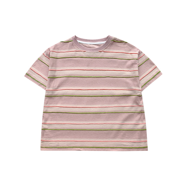 Children's cool 2024 children's summer clothing new Huzhou Zhili children's clothing baby T-shirt cute pink striped boys short sleeve