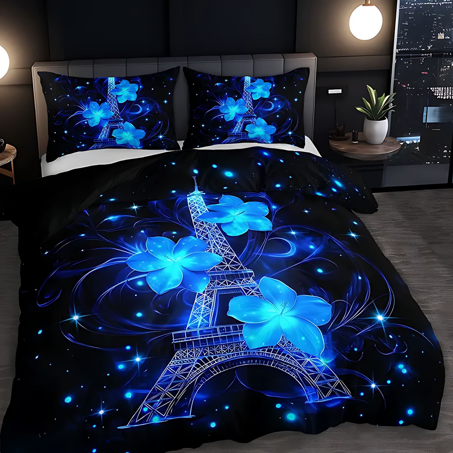 TEMU / JIT Transfronterizo Kit de edredón azul plateado flor torre Eiffel impresión digital HD ropa de cama