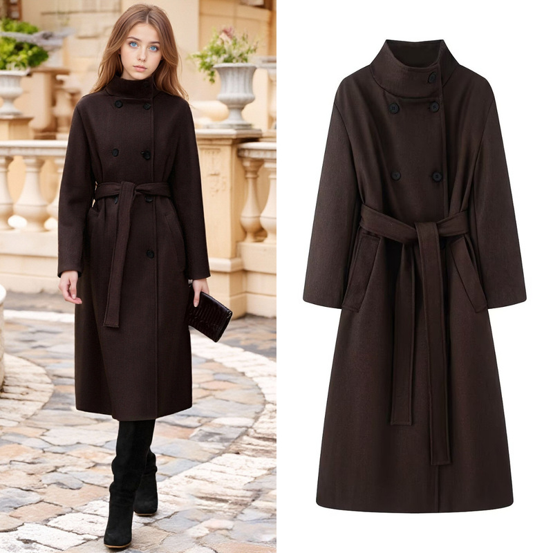 Cross-Border Foreign Trade Spot European and American Style Women's Winter New Casual Long Lace-Up Turtleneck Woolen Coat