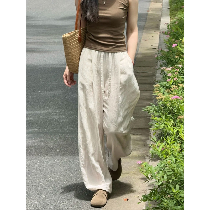 A Must-Have for Pear-Shaped Figures: Women's Summer Thin Cotton-Linen Wide-Leg Pants with High Waist, Drapey Feel, Slimming Effect, and Covering for the Body, Casual Linen Long Pants