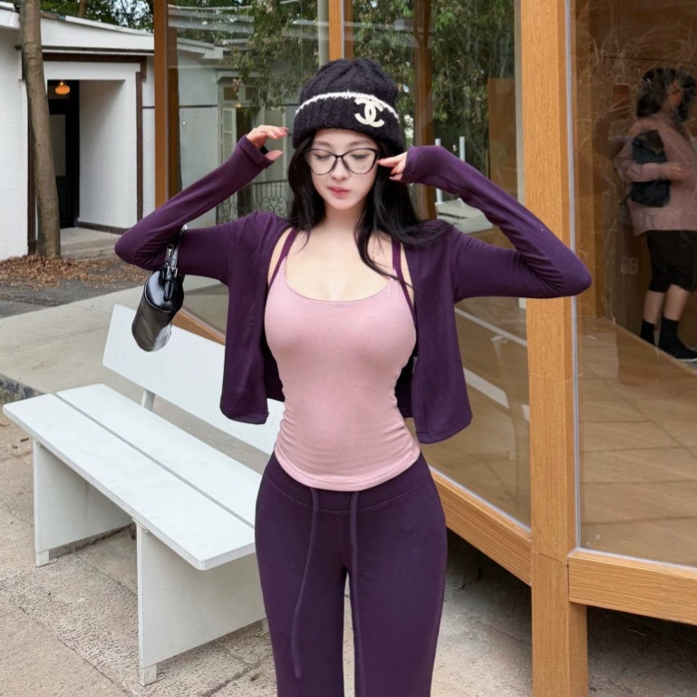 New women's fashion airport outfit set for autumn: cardigan, camisole, and casual wide-leg pants three-piece set