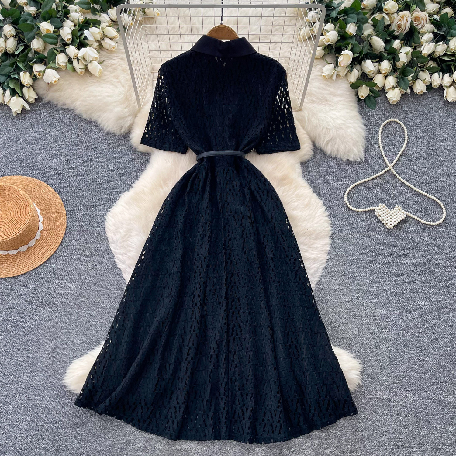 French-Inspired Lace Dress With Tie Waist - Elegant Black A-Line Midi Dress For Women_ecoleips.com