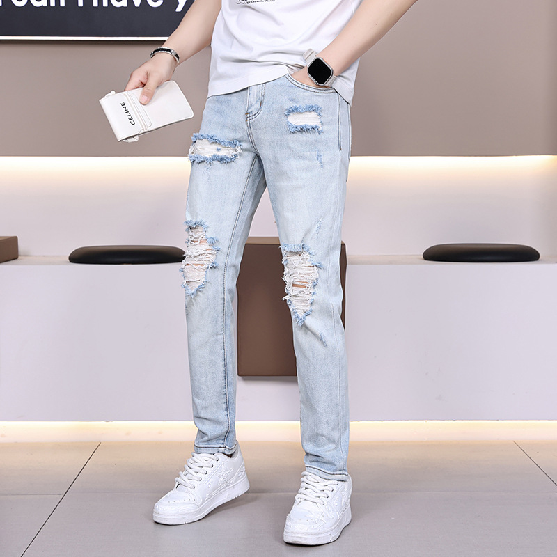 Xintang Spring New Fashion Brand Ripped Jeans Men's Slim-fit Small Straight Stretch Cloth Pants Men's Handsome Long Pants