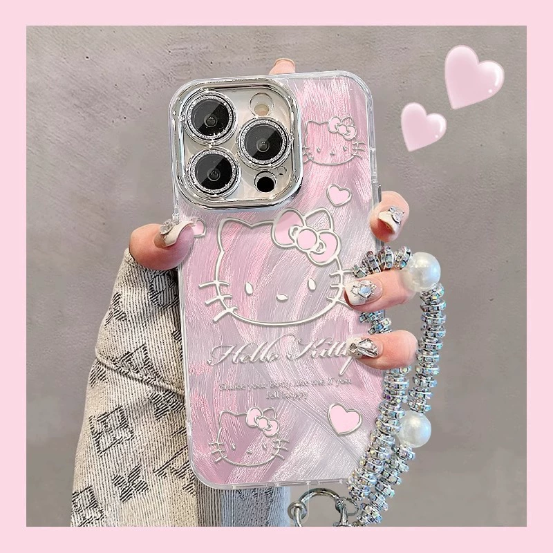 Чехол совместимый с Apple Hello Kitty Pro, браслет, фуксиевая защита камеры, 15 Pro Max