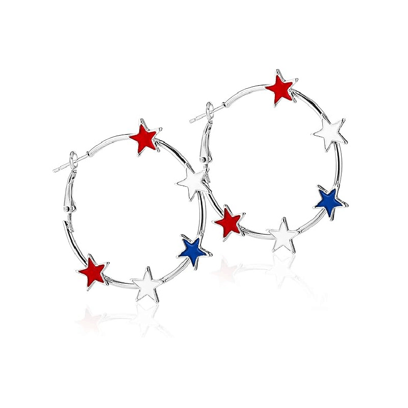 Cross-Border Amazon Best-Selling July 4Th American Independence Day Creative Five-Pointed Star Red, Blue and White Flag Earrings