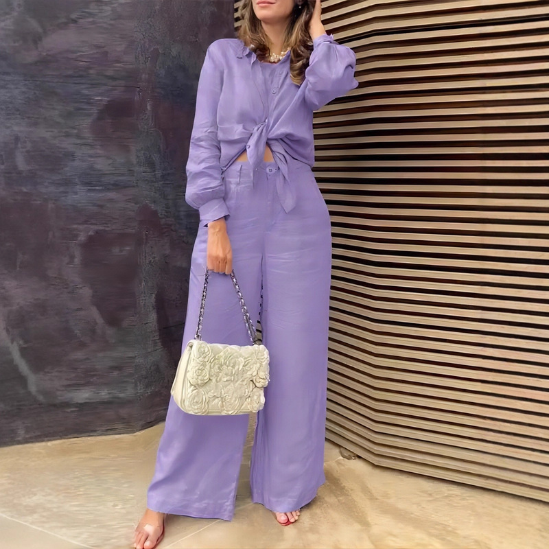 Women's Matching 2 Piece Set 2024 European and American Spring New Lapel Long Sleeve Shirt Wide Leg Pants Casual Vacation Suit