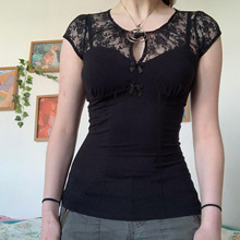 复古欧美风气质透视蕾丝拼接T恤镂空设计感修身纯色针织短袖上衣