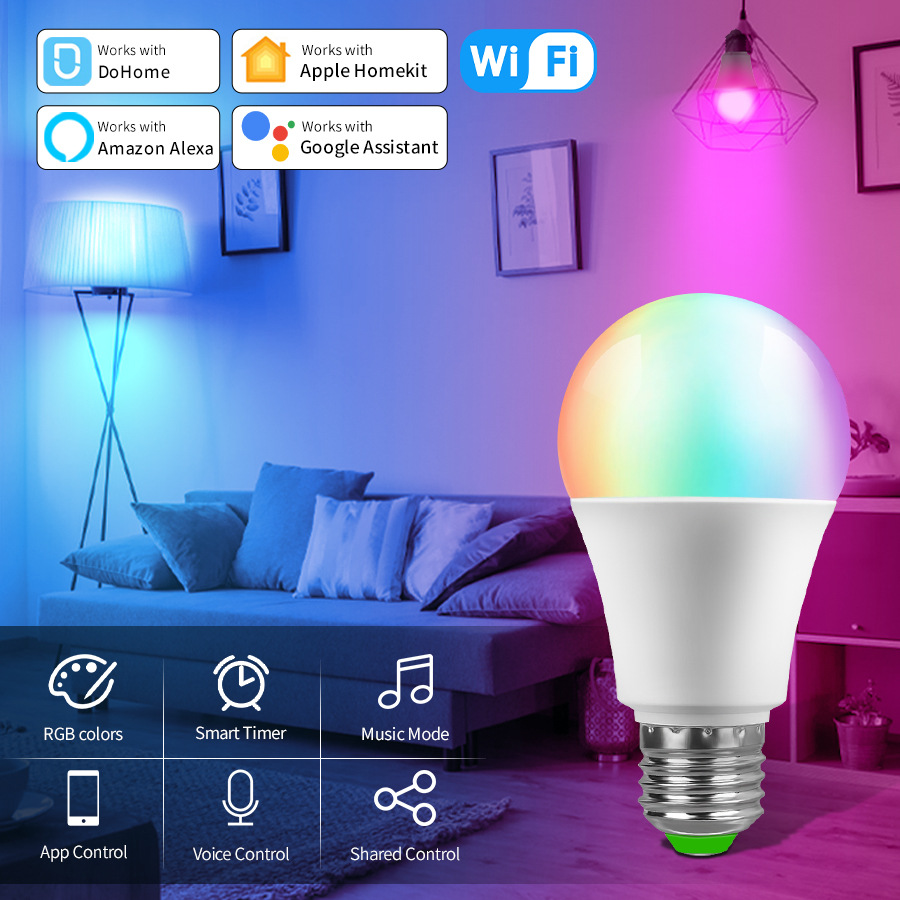 Wifi bombilla inteligente Alexa control de voz soporte RGB5-way atenuación color A19 bombilla vida inteligente
