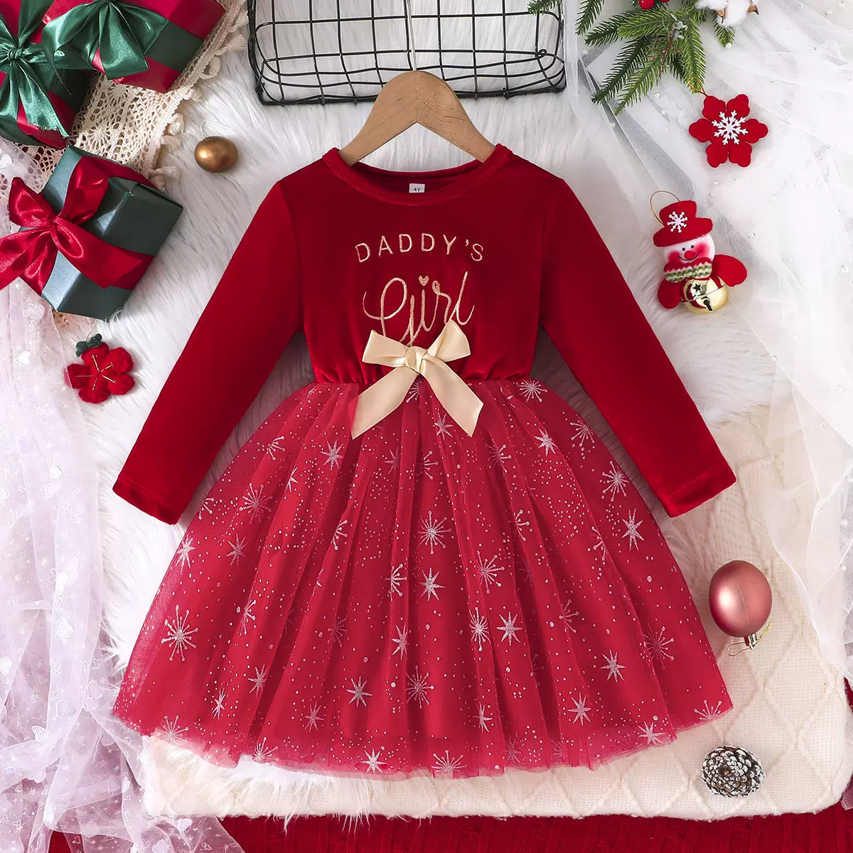 跨境童裙女童圣诞网纱蝴蝶结印花图案圆领长袖连衣裙