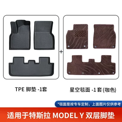 Tesla Model Y New Version: Modelə uyğun ayaqaltı - double-layer-black-tpe-foot-mats-brown-starry-sky-blanket