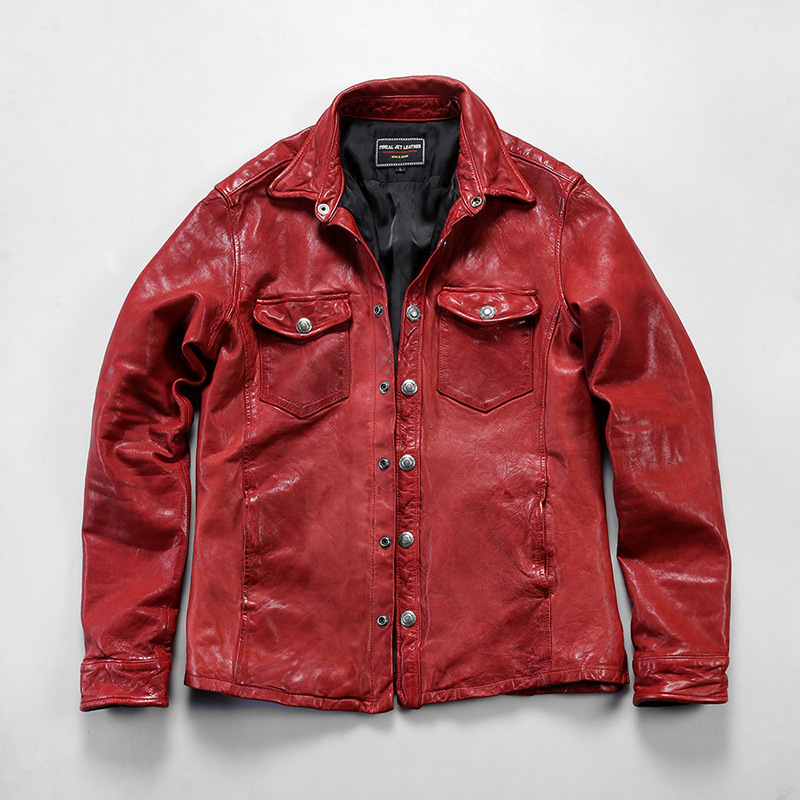 Japanese Style Ami Khaki Heavy Washed Pleated Genuine Leather Shirt Men's Motorcycle Casual Fully Vegetable Tanned Sheepskin Leather Jacket Japanese Style Ami Khaki Heavy Washed Pleated Genuine Leather Shirt Men's Motorcycle Casual Fully Vegetable Tanned Sheepskin Leather Jacket