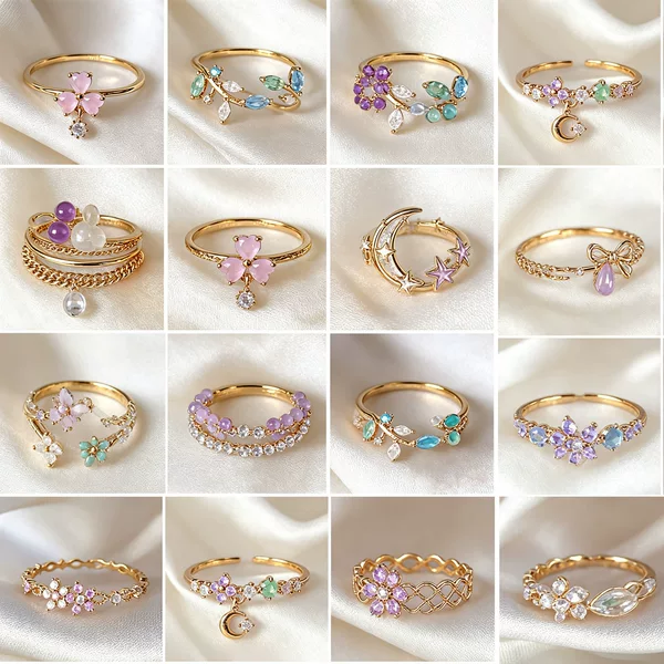 Tilenny Cross-Border Best-Selling Ins-Style Zircon Adjustable Open Ring for Women, Sweet and Cute Floral Design