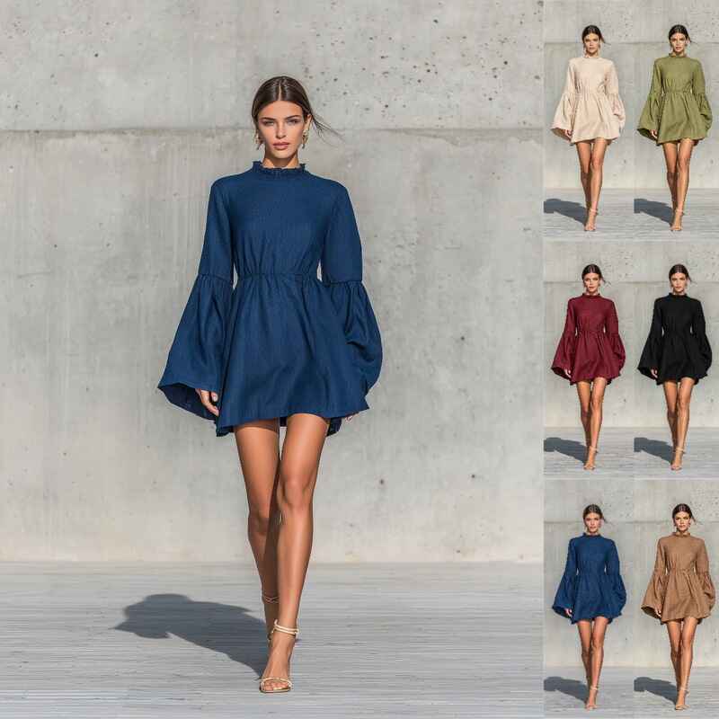 2026 European and American cross-border autumn new solid color cotton-linen blend ruffle elastic waist long-sleeve mini dress 2026 European and American cross-border autumn new solid color cotton-linen blend ruffle elastic waist long-sleeve mini dress