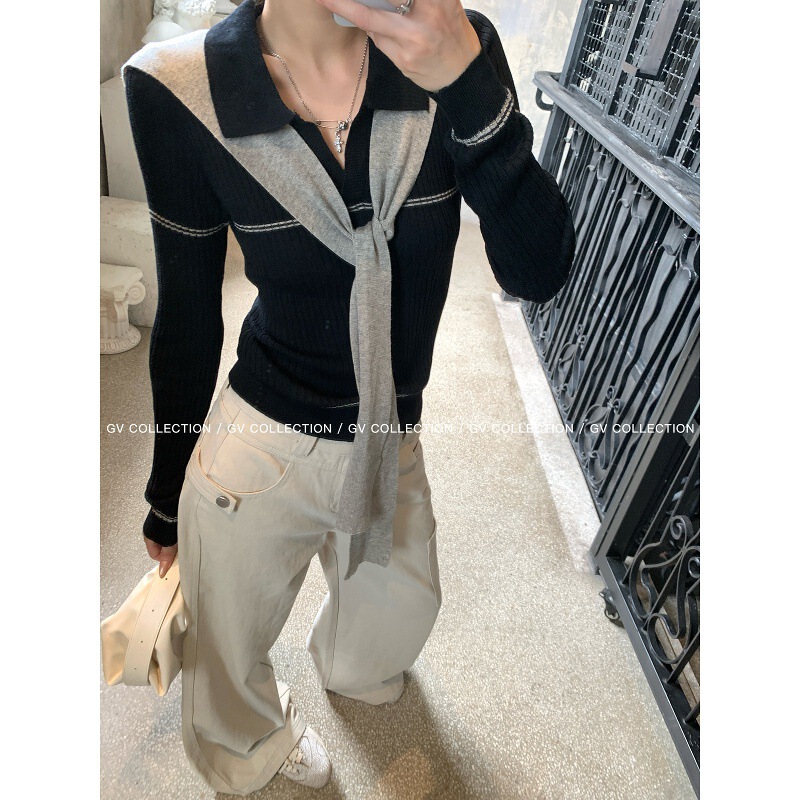 Gv Big Brother American High School Fashion Show Academy Navy Detachable Scarf Knit Polo Collar Autumn Top Gv Big Brother American High School Fashion Show Academy Navy Detachable Scarf Knit Polo Collar Autumn Top