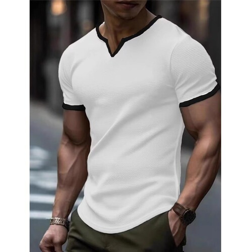 Summer Solid Color Two-Piece Base Shirt Elastic Men's T-Shirt Men's Short Sleeve Tight V-Neck Slim Fit Breathable Gray
