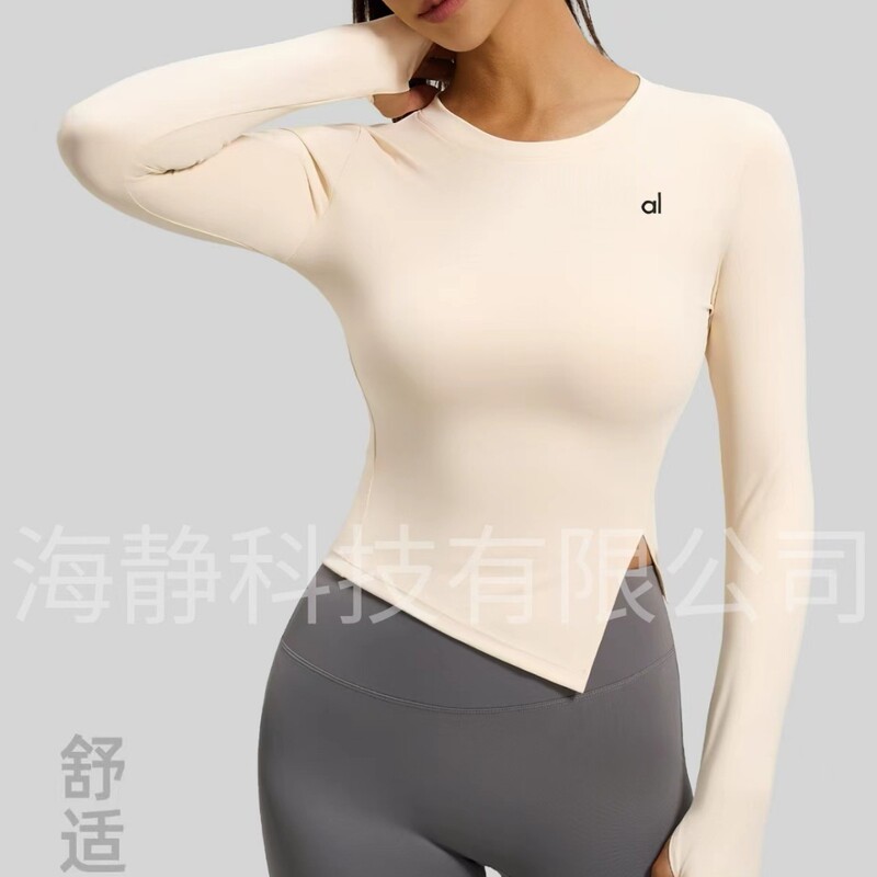 Alo Yoga Wear Women's Long-Sleeved Tight-Fitting Slimming Breathable Quick-Drying Sports Top with Slit Design Fitness Wear for Autumn and Winter