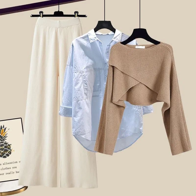 GraceChic Plus Size Damen Herbst/Winter Anzug 2025: Modischer Strickpullover, figurformende Hose mit weitem Bein_voghion.com