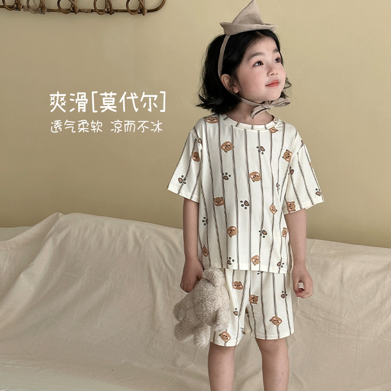 Black Bear Cartoon Full Print Bear Modal Class a Children's Homewear 2026 Summer New Style Boys and Girls Round Neck Set