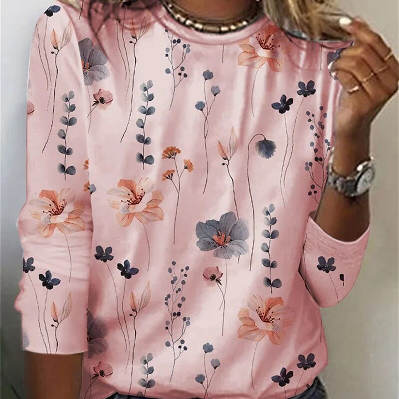 European and American Character Women's Long-sleeved Cotton T-shirt Floral Print Large Size Casual Home Clothes