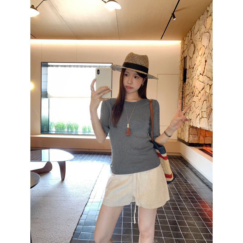 Foreign Trade In-Stock Gray Hollow-Out Round Neck Half-Sleeve Wool Knit T-Shirt for Women, Summer 2026 New Model, Unique and Beautiful Foreign Trade In-Stock Gray Hollow-Out Round Neck Half-Sleeve Wool Knit T-Shirt for Women, Summer 2026 New Model, Unique and Beautiful