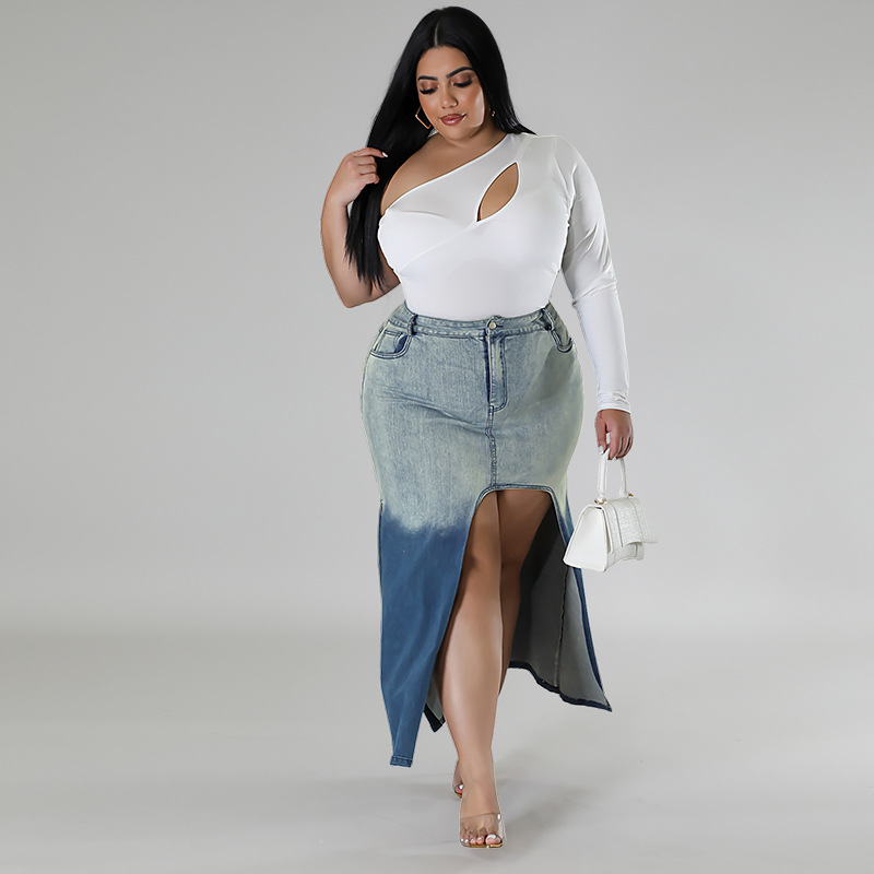 Plus size denim rok voor dames met split en gradient casual stijl_voghion.com