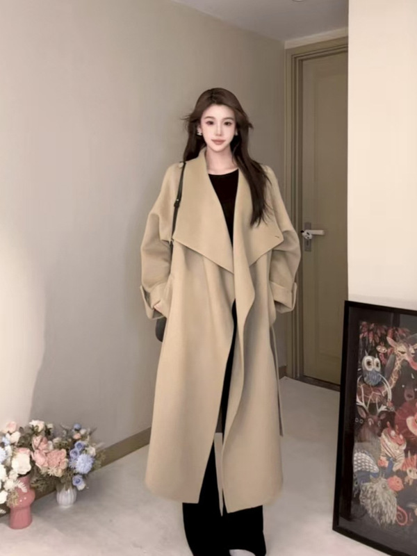2025秋冬新款双面手缝羊绒大衣女大翻领洋气时尚中长款羊毛呢外套|undefined