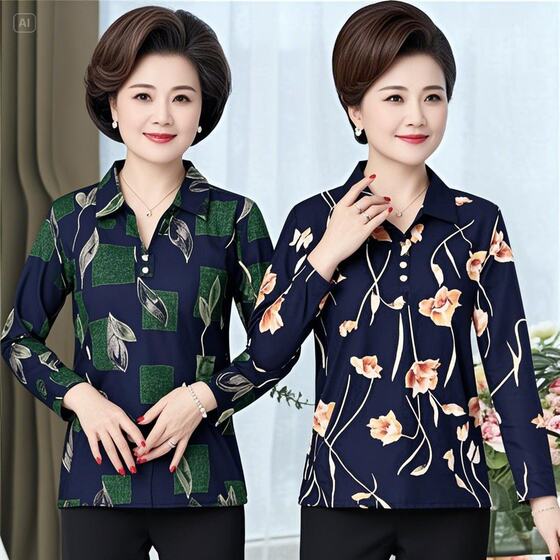 Women's Granny Thin Coat Stall Supply Spring and Autumn Mother Plaid Middle-aged and Elderly Blouse Cardigan Lapel Long Sleeve