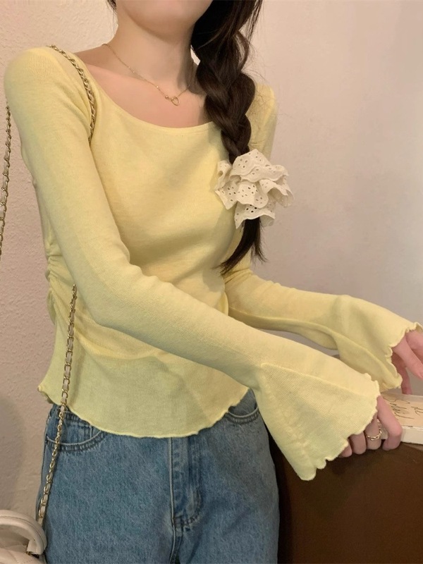 小个子木耳边喇叭袖长袖t恤上衣女秋季新款甜美风方领修身打底衫|undefined