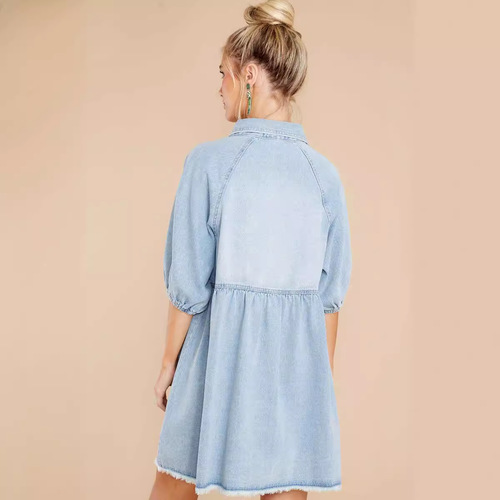  New Arrival Amazon Cross-Border Women's Fashion Hot-Selling Solid-Color Mid-Sleeve Denim Dress with Defined Waistline for European and American Markets