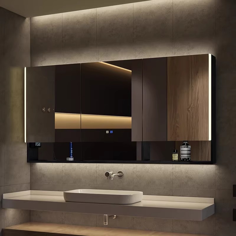 Smart Bathroom Mirror Cabinet with Separate Light and Defogging Bathroom Wall-Mounted Mirror Space Aluminum Storage Rack Storage Integrated