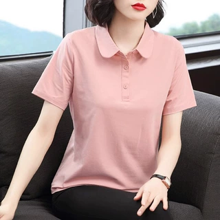 中年妈妈夏装宽松遮肚POLO衫洋气小衫有领上衣翻领纯棉短袖T恤女