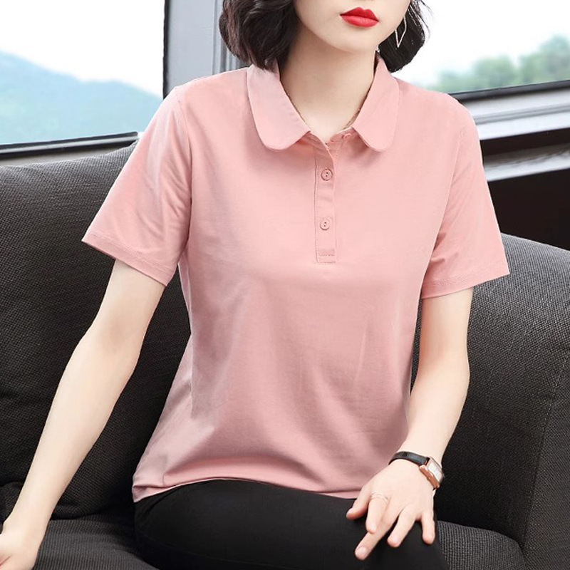 Middle-Aged Mother's Summer Loose-Fitting Belly-Covering Polo Shirt, Stylish Shirt, Collared Top, Lapel Pure Cotton Short-Sleeved T-Shirt for Women Middle-Aged Mother's Summer Loose-Fitting Belly-Covering Polo Shirt, Stylish Shirt, Collared Top, Lapel Pure Cotton Short-Sleeved T-Shirt for Women