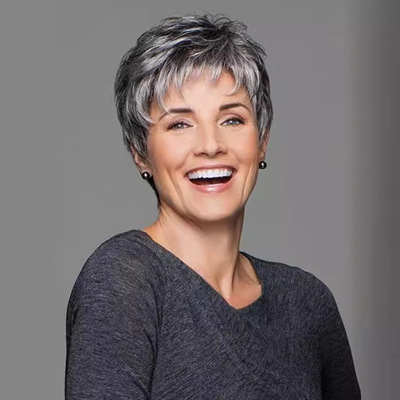 Short curly hair wig Foreign trade old age Short hair Wig Gradient pale Wig Volume control man's hair style with hair parted on the side One piece