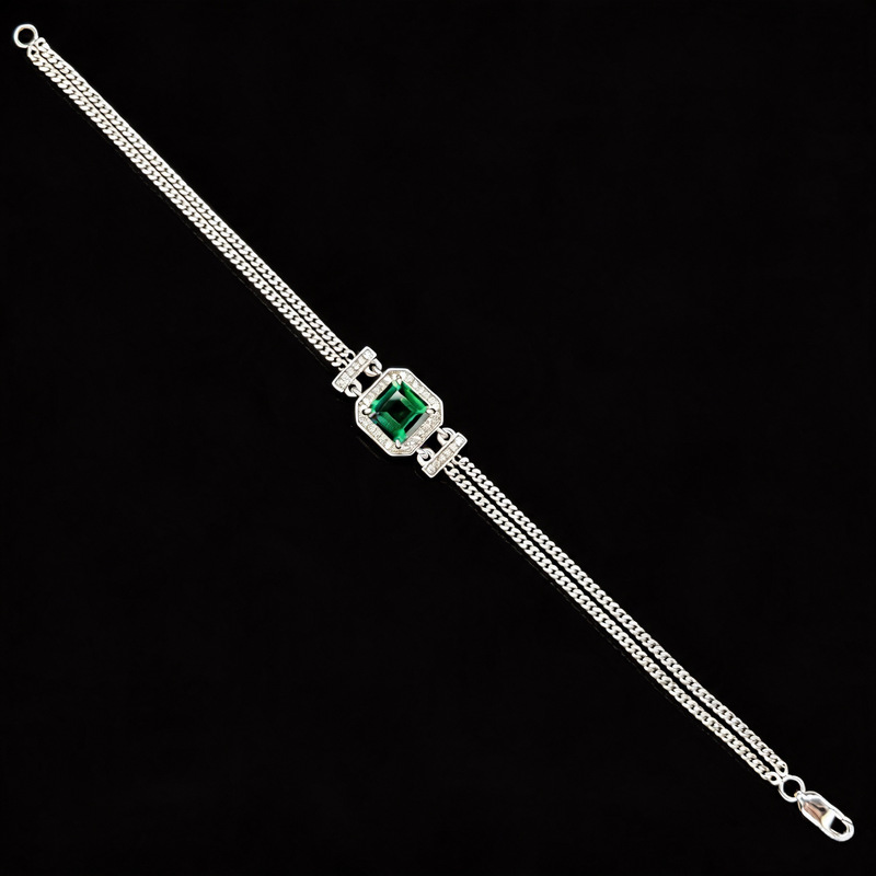 European and American vintage emerald moissanite bracelet, S925 silver, geometric design, Cuban link chain, lightweight luxury, high-end jewelry for women European and American vintage emerald moissanite bracelet, S925 silver, geometric design, Cuban link chain, lightweight luxury, high-end jewelry for women