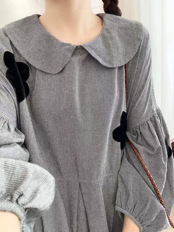 2025秋季新款 千鸟格翻领立体花朵 宽松大版女士连衣裙孕妇可穿|undefined