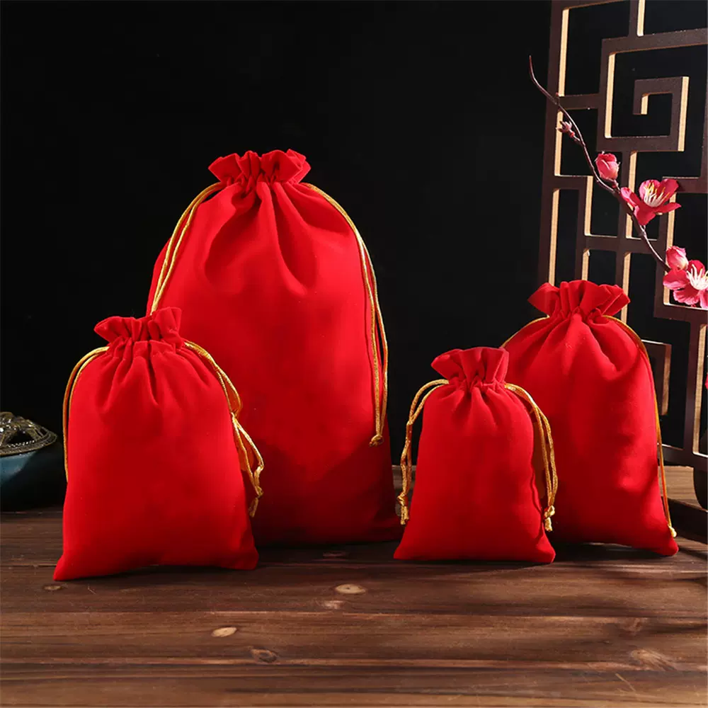 现货批发珠宝首饰收纳袋抽绳束口绒布喜糖袋红色礼品袋logo印刷