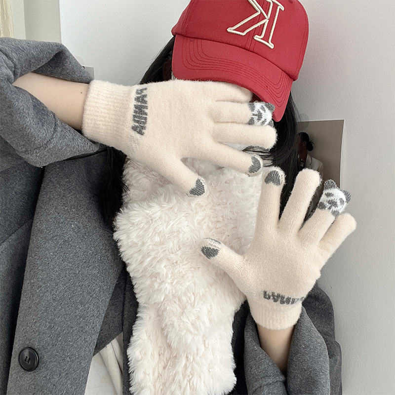 手袋の秋冬の女性のかわいい騎乗は保温を厚くして防寒学生のニットの毛糸を厚くして綿の手袋の5本の指に触れることができます。