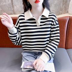 条纹polo衫纯棉不起球卫衣女春秋小个子t恤矮个子宽松ins气质上衣