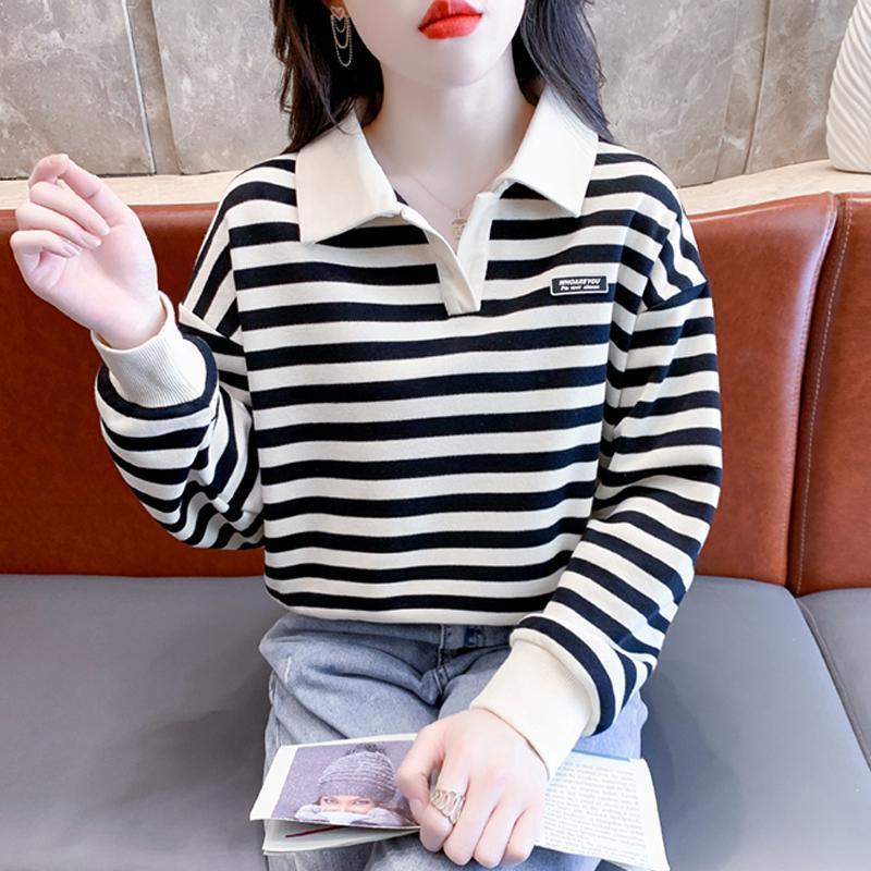 条纹polo衫纯棉不起球卫衣女春秋小个子t恤矮个子宽松ins气质上衣|undefined