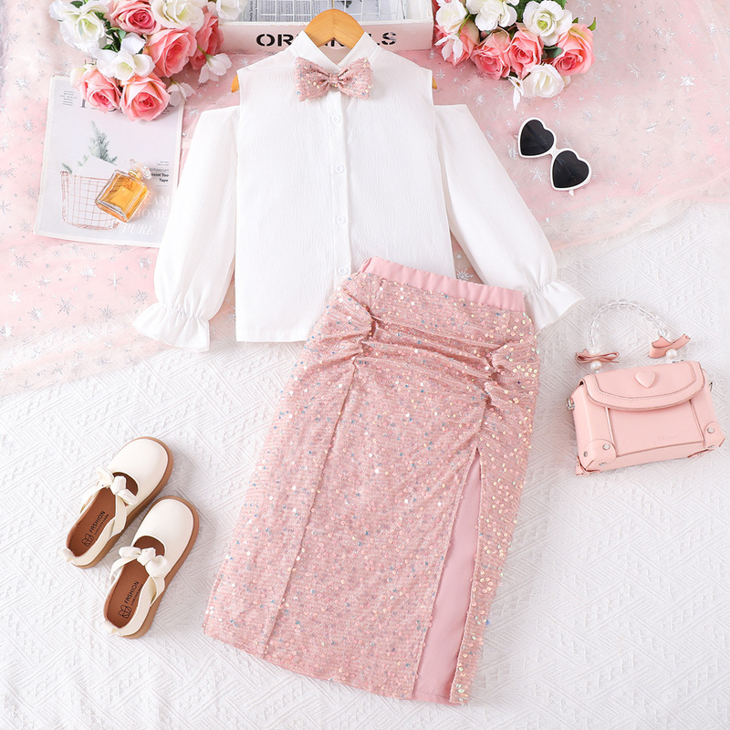 Cross-Border Girls' Skirt Suit Long-Sleeved Shirt Off-Shoulder Design Pink Sequin Skirt Children's Autumn Two-Piece Set Cross-Border Girls' Skirt Suit Long-Sleeved Shirt Off-Shoulder Design Pink Sequin Skirt Children's Autumn Two-Piece Set