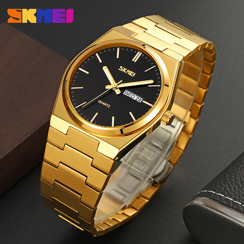 Skmei fashion solid stainless steel buckle men's business casual quartz watch thin dual calendar men's watch