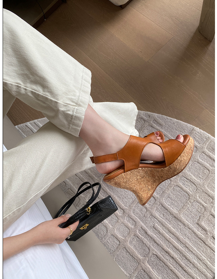 Sandal cao gót nữ da bò thật đế xuồng platform mũi hở gót siêu cao 2025 — nâu, Tím, Màu trắng nhạt chi tiết 22