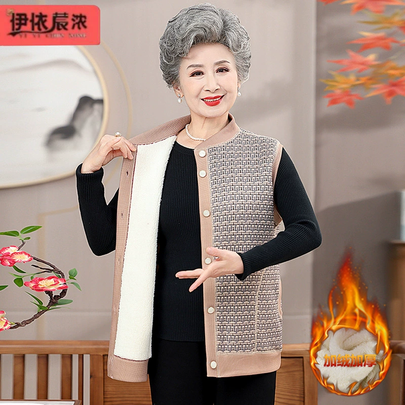 Зимний жилет на флисовой подкладке для бабушек, жилет на пуговицах с воротником для женщин среднего и пожилого возраста, теплый утолщенный кардиган, жилет для женщин