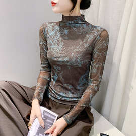 女装2023秋冬时尚长袖高领网纱t恤女定位花上衣一件起批代发包邮