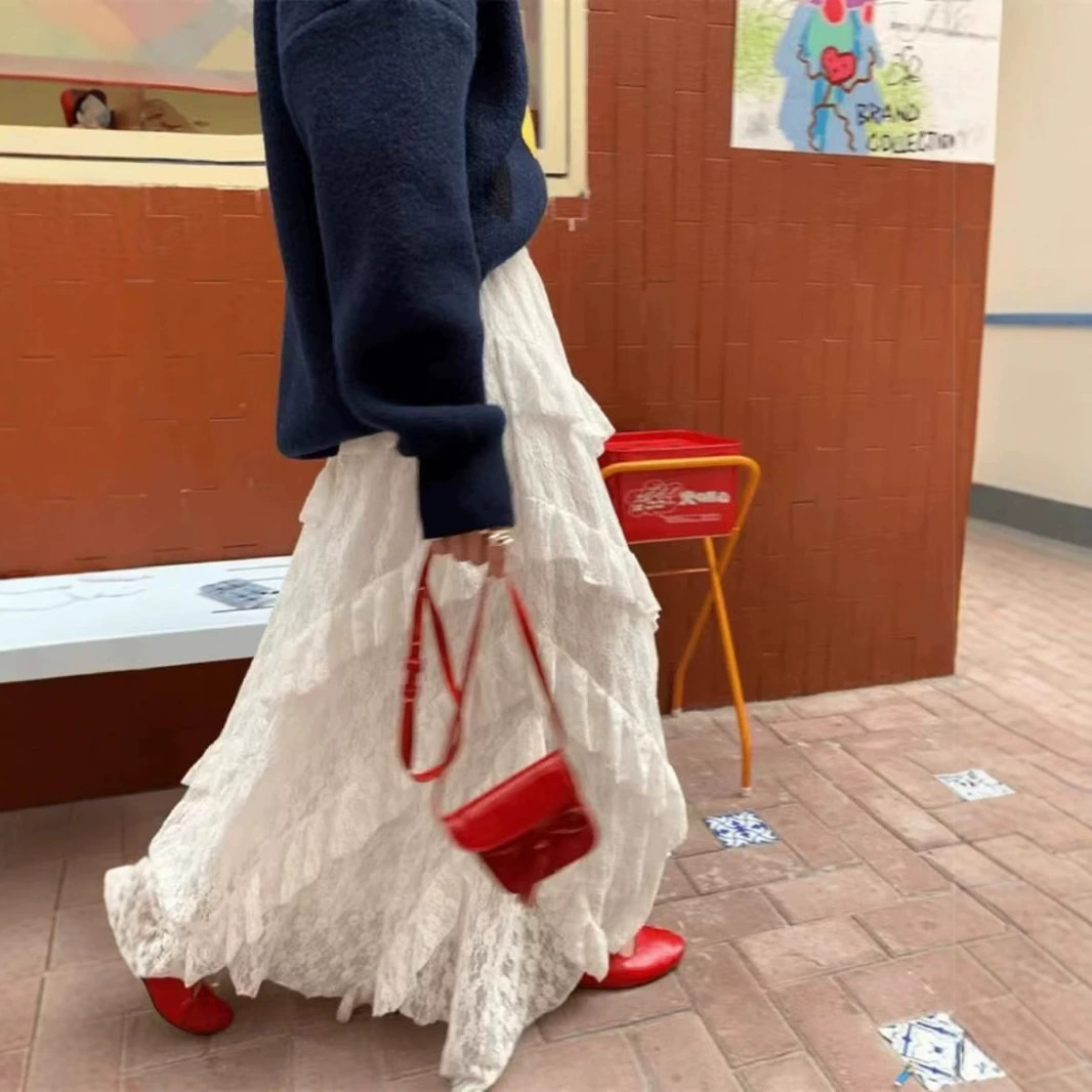 Винтажная сшитая белая кружевная юбка женский весенний новый слой сетчатая пряжа слово длинная юбка юбка торт